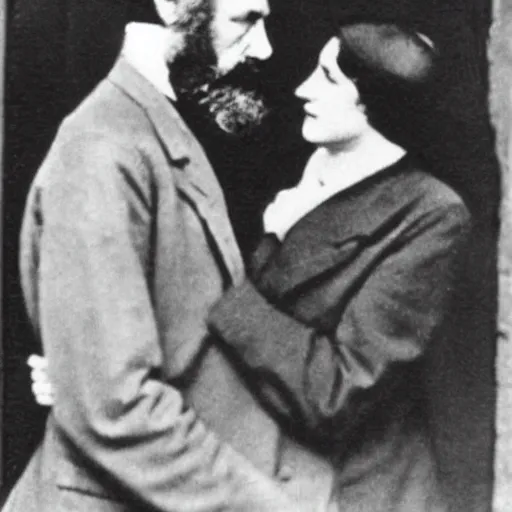 Image similar to Karl Marx and Ayn Rand kissing, wedding photo, 1920, Church backround