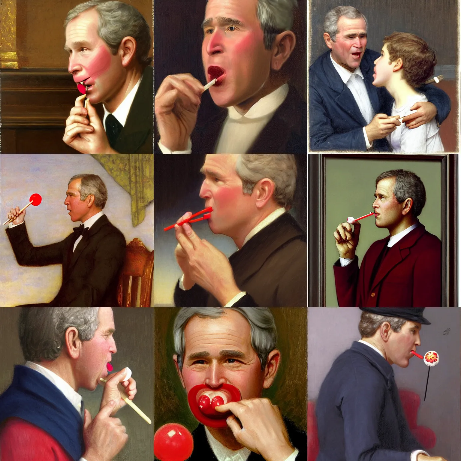 Prompt: George W. Bush licking a lollipop, by Edmund Blair Leighton