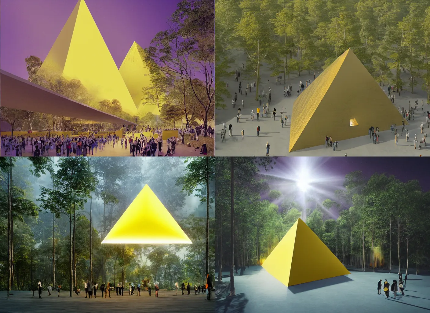 Prompt: a beautiful architectural render of an inverted pyramid floating above a forest, a beam of light comes out of the center of the pyramid into the forest, there is a crowd of people observing, by tadao ando, extremely detailed, chartpak ad markers, pastel color, yellow and purple color scheme, 8 k,