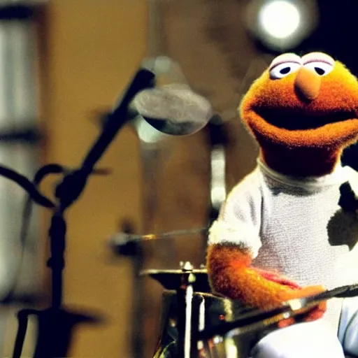 Prompt: a beautiful photo of Phil Collins as a Muppet, playing drums,