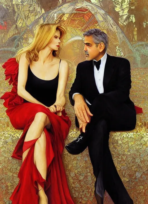 Image similar to george clooney wearing a formal black suit and kim basinger wearing a red dress, affectionate sitting together, highly detailed, focus stacked, candid portrait, art by artgerm and greg rutkowski and alphonse mucha