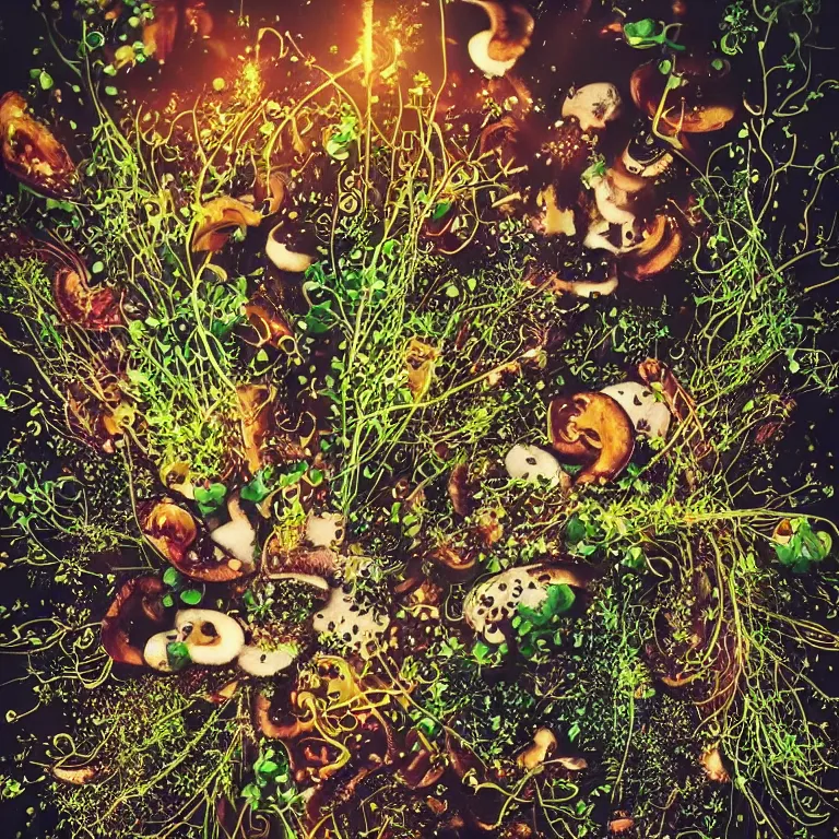 Image similar to double exposure of dally life, symbols of live, explosion, different sprouts and microgreens on mushrooms, cyber mushroom city, mushroom matrix, love is the most relevant theme, 8 k resolution, artistic mode, artistic, trending on instagram, long exposure, love art, serious, fantasy and dreams vibes, mushrooms style and macro style, spring vibes in twilight or sunset lights