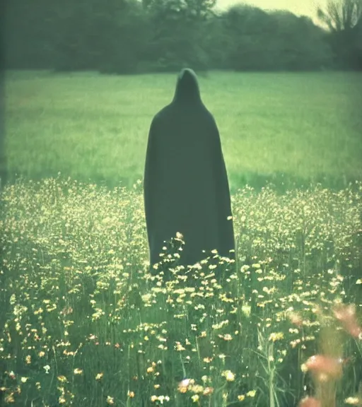 Image similar to tall hooded shadow person figure standing in beautiful meadow of flowers, film photo from 1970s, grainy, high detail, high resolution