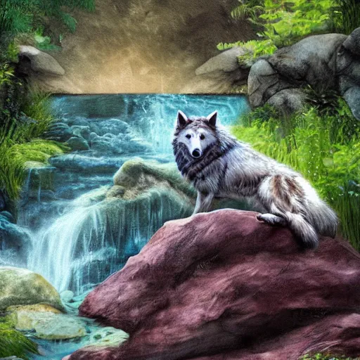 Image similar to Wolf sitting on rock in forest landscape with waterfall over pond, whimsical digital painting in the style of jacqueline wall