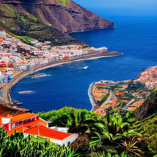 Image similar to madeira island, funchal, the bay, very very wide shot, photo - realism, cinematic shot. photography