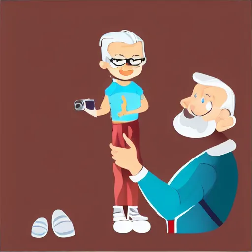 Image similar to cute cartoon character, curled perspective, digital art, beard grandpa taking a photo to a baby girl