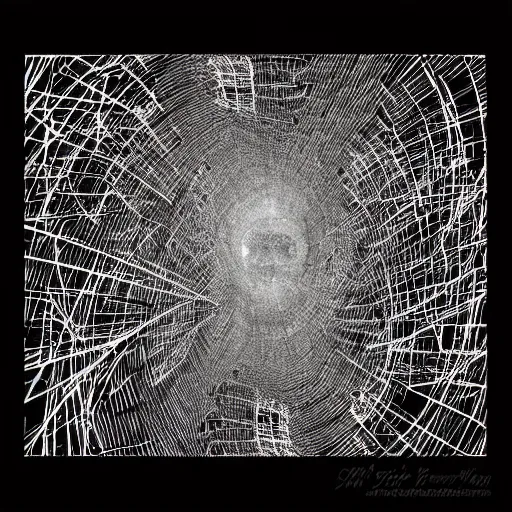 Prompt: abstract black and white concept art graphic painting illustrating neural network, overcomplicated, math inspired, hyper detailed, psychodelic, creepy