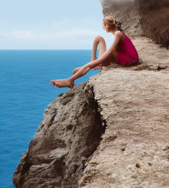 Prompt: a girl sitting on a cliff overlooking the beach, realistic photo, 4 k