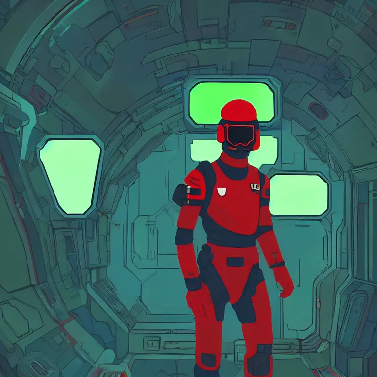 Image similar to A soldier wearing red armor with green visor, high-tech red armor, green visor, green lights in the armor, sci-fi soldier, inside a space station, dark blue space station, dark blue moods, art by James Gilleard, James Gilleard artwork, vintage