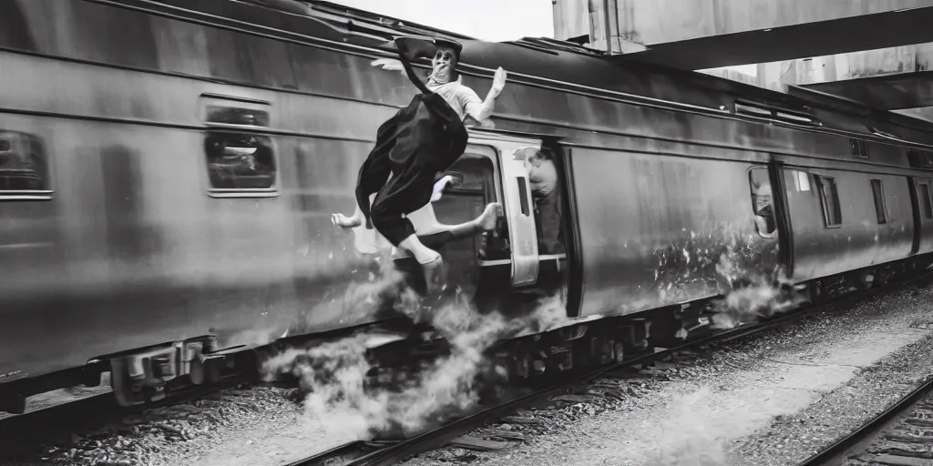 Image similar to person jumping into a train