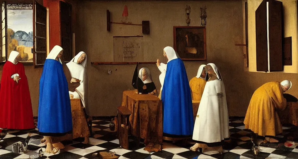 Prompt: a painting of nuns at a strip club, medieval painting by Jan van Eyck, Johannes Vermeer