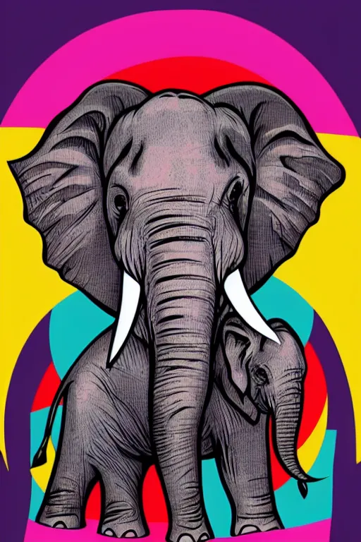 Prompt: happy elephant, 7 6 retro futurist illustration art by butcher billy, sticker, colorful, illustration, highly detailed, simple, smooth and clean vector curves, no jagged lines, vector art, smooth andy warhol style