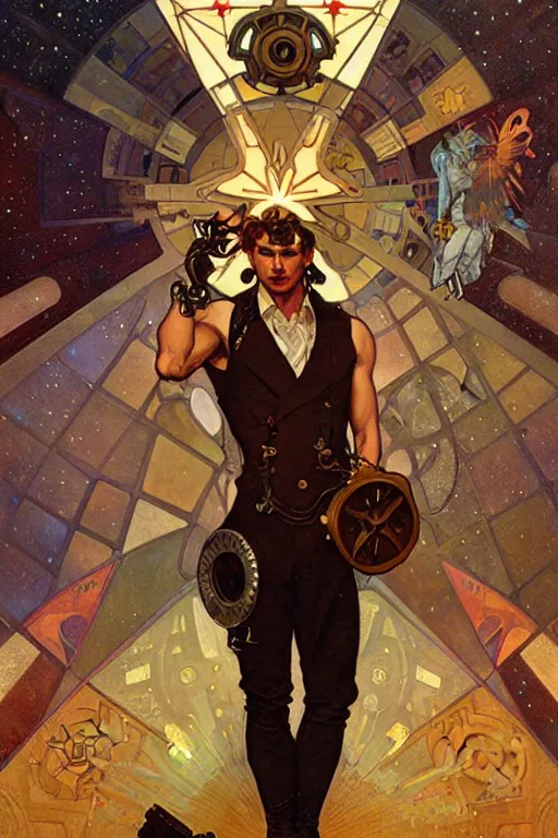 Prompt: a steampunk male holding a star, muscular, tarot art, futurism, painting by greg rutkowski, alphonse mucha