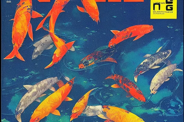 Image similar to 1 9 7 9 omni magazine cover of a pelican case full of koi fish. art in cyberpunk style by vincent di fate