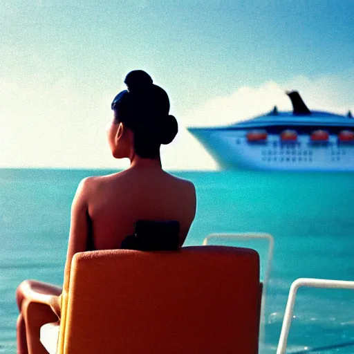 Prompt: asian woman with black ponytail sitting on a beach chair on a a cruise ship overlooking the bahamas, vintage 3 5 mm film photo grainy high detail