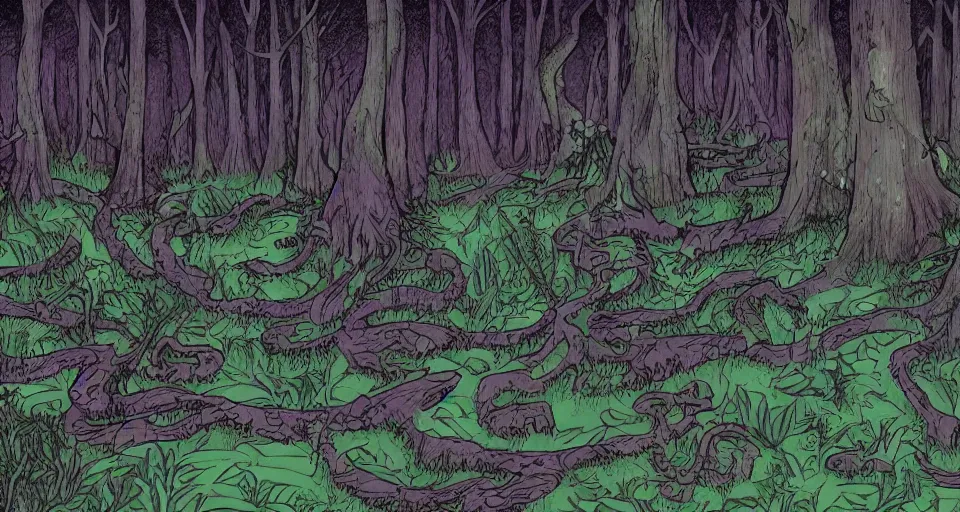 Image similar to A dense and dark enchanted forest with a swamp, by Rebecca Sugar