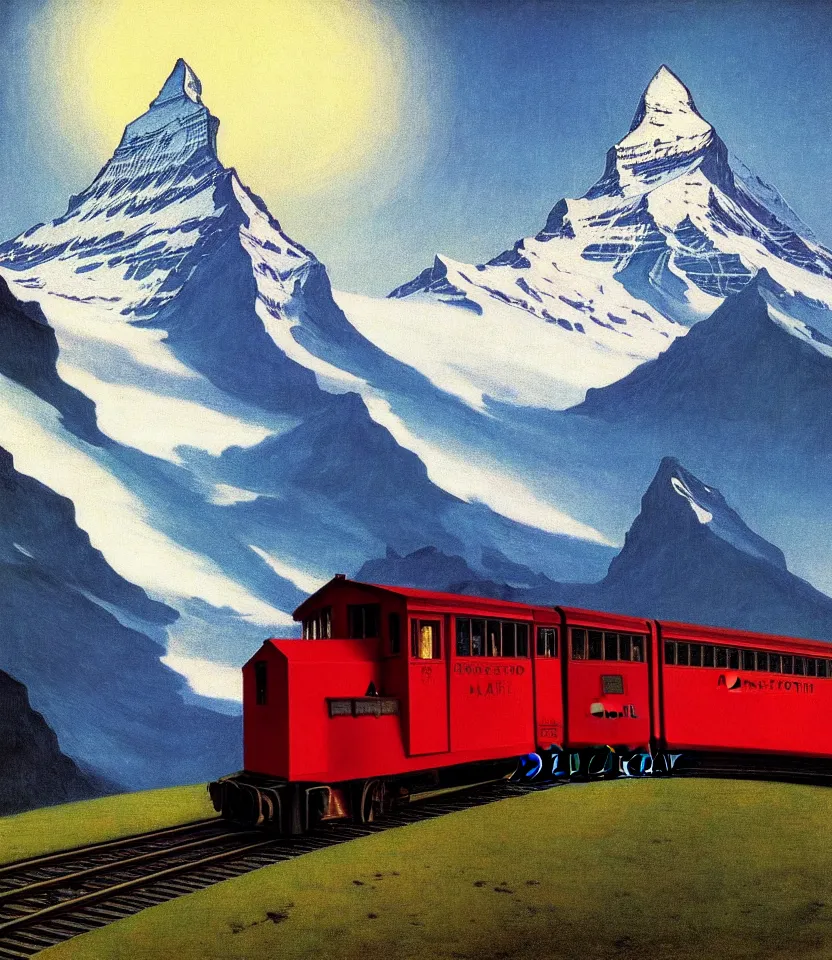 Prompt: an achingly beautiful print of a train on the matterhorn inside by raphael, hopper, and rene magritte. detailed, proportional, romantic, vibrant, enchanting, trending on artstation