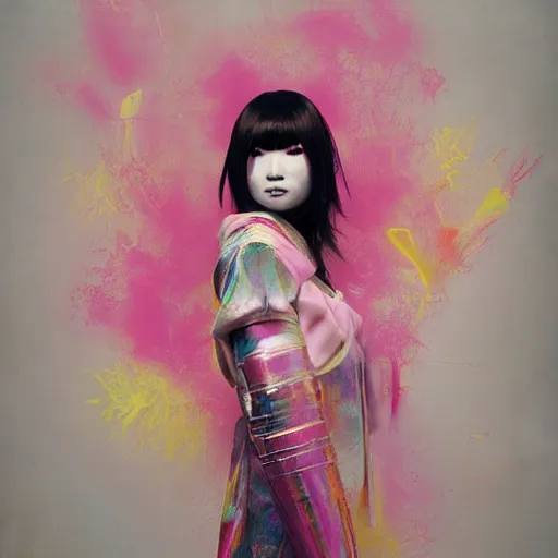 Image similar to a futuristic female geisha warrior in komono by cy Twombly and BASTIEN LECOUFFE DEHARME, pink and yellow, iridescent, volumetric lighting