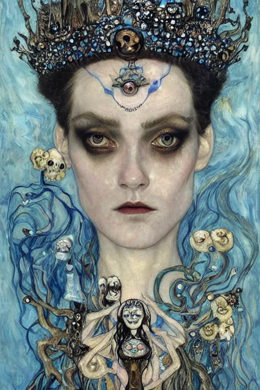 Image similar to The Princess of Bones by Karol Bak, Jean Deville, Gustav Klimt, and Vincent Van Gogh, portrait of a porcelain princess wearing a crown in catacombs, porcelain ball-joint doll face with blue painted tattoos, pale blue eyes, hair made of shimmering ghosts, mystic eye, otherworldly, crown made of bones, catacombs, ornate jeweled crown, skulls, fractal structures, arcane, inscribed runes, infernal relics, ornate gilded medieval icon, third eye, spirals