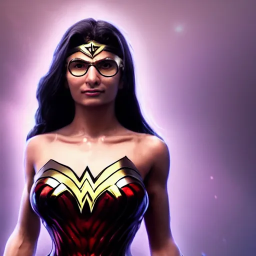 Image similar to hyperrealistic film full body still of mia khalifa as wonder woman, inspired by istvan sandorfi & greg rutkowski & unreal engine, perfect facial symmetry, dim volumetric cinematic lighting, 8 k octane comprehensive render, extremely hyper - detailed, incredibly lifelike attributes, intricate, real flesh texture, masterpiece, artstation, stunning,