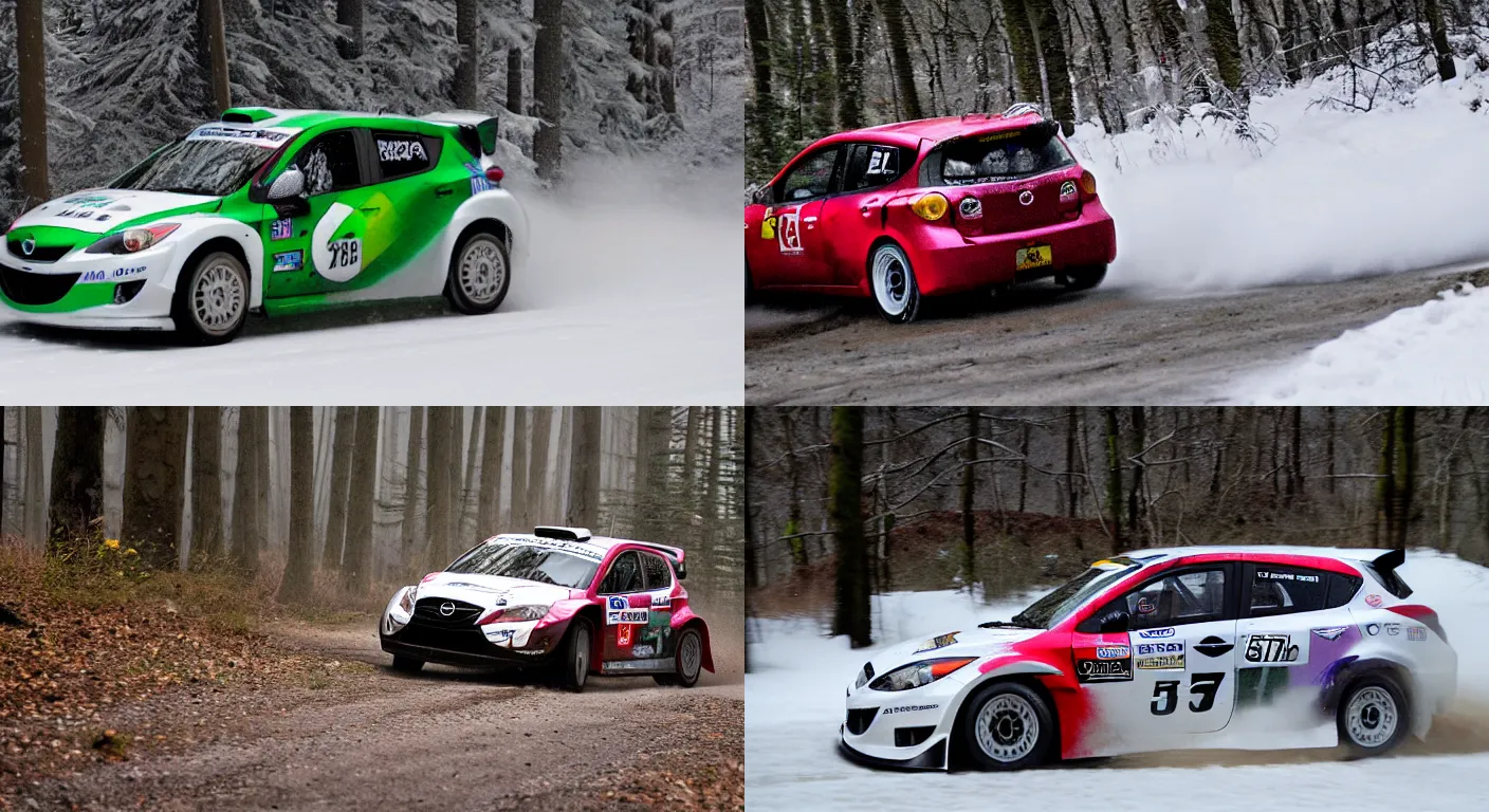 Prompt: a 2 0 1 0 mazda mazdaspeed 3, racing through a rally stage in a snowy forest