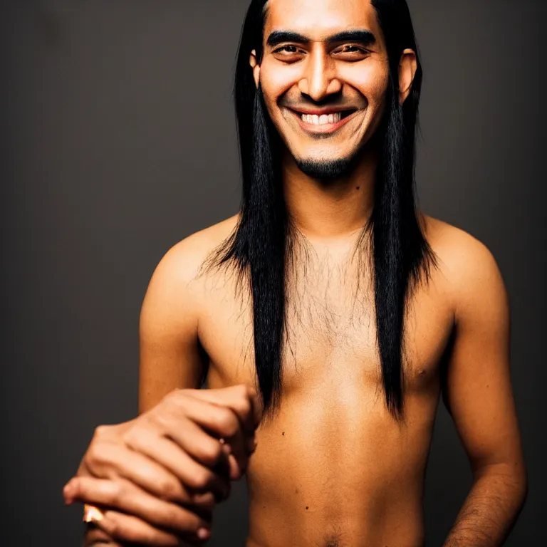 Prompt: A photo of Emperor Kuzco!!!!!!!!!!!!!!!! with his black long hair, face shaved and smiling with confidence wearing his emperor clothes in his early 20s. Portrait by Terry Richardson. Golden hour. 8K. UHD. Bokeh.