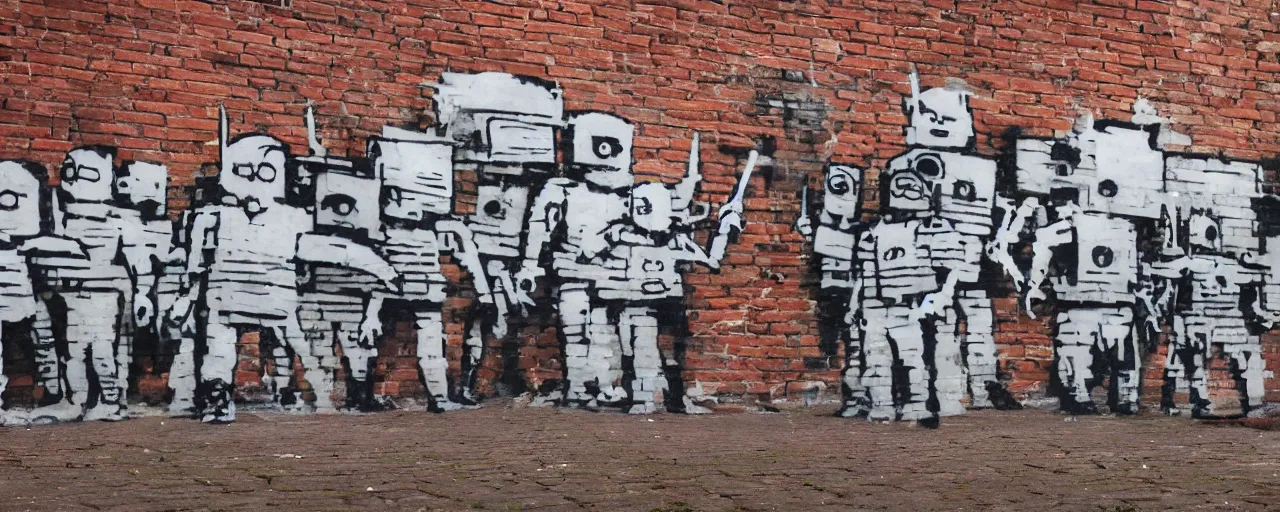 Image similar to a brick wall with banksy style graffity showing march of robots, hyperrealistic, 8k, trending on twitter