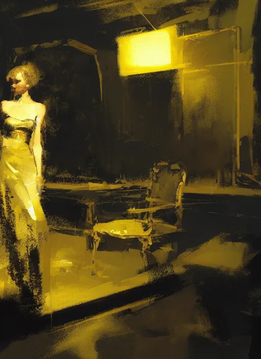 Prompt: a golden girl in a dark interior landscape, by craig mullins - w 7 0 0