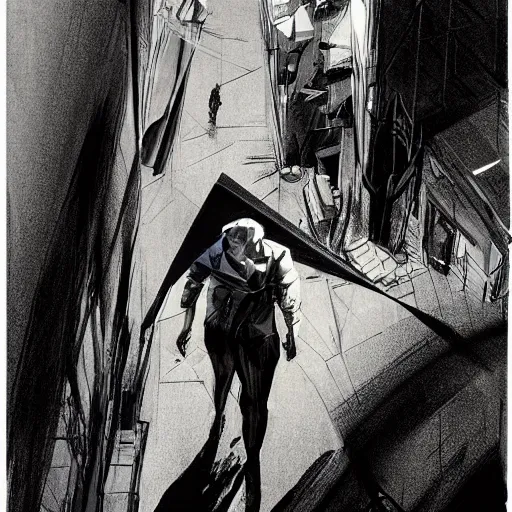 Image similar to concept art character, very high angle view, book cover, walking in cyberpunk valley highly detailed full body, smooth, sharp focus, organic, appealing, book cover, deep shadows, by Dave McKean sketch lineart for character design