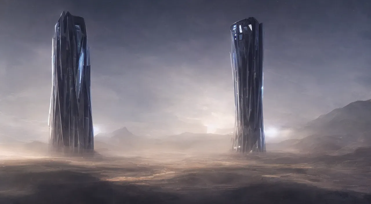 Image similar to a very futuristic landscape with one tall tower, ambient light