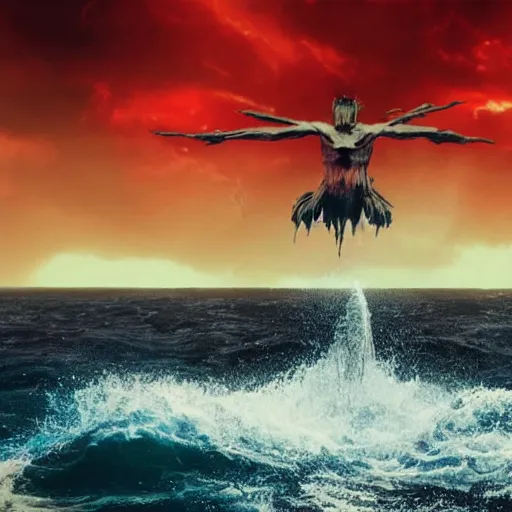Prompt: anti - christ rising from a red ocean. ominous. vivid color detailed photograph from a 2 0 2 0 s blockbuster vfx horror movie. a small capsized boat in the background.