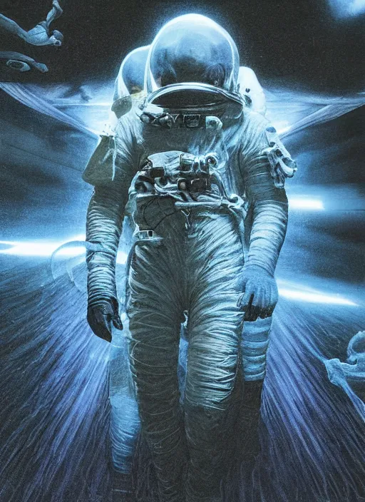 Image similar to astronaut in dark void underwater - complex and hyperdetailed technical suit design. reflection and dispersion materials. rays and dispersion of light. volumetric light. f / 3 2. noise film photo. flash photography. ultra realistic, 5 0 mm. poster by wayne barlowe, hajime sorayama aaron horkey, craig mullins