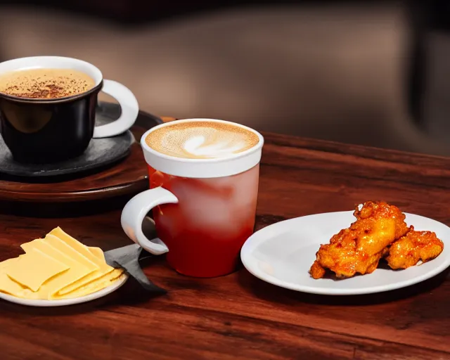 Image similar to A cup of coffee next to hot wings covered in a lot of cheese, Cinematic shot, 8k resolution