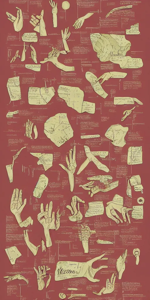 Prompt: anatomy of a hands, diagrams, map, marginalia, sketchbook, old script, inhabited initials, pastel infographic by Wes Anderson and victo ngai