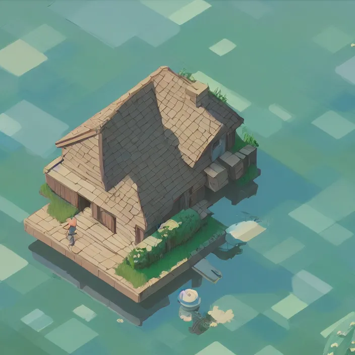 Image similar to isometric view of a lovely cottage standing in the middle of a lake, plain background, cory loftis, james gilleard, atey ghailan, makoto shinkai, goro fujita, studio ghibli, exquisite lighting, clear focus, very coherent, soft painting