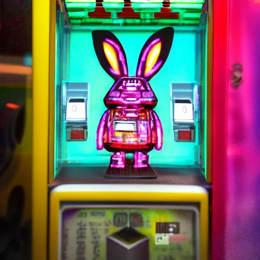 Prompt: vending machine item is a cybernetic rabbit, tilt shift, display photo, highly detailed, colorful, highly textured