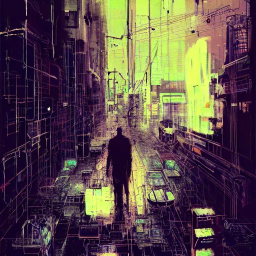 Image similar to a man lost in a cyberpunk noir glitchcore world of wires, and machines, by jeremy mann, francis bacon and agnes cecile, and dave mckean ink drips, paint smears, digital glitches glitchart