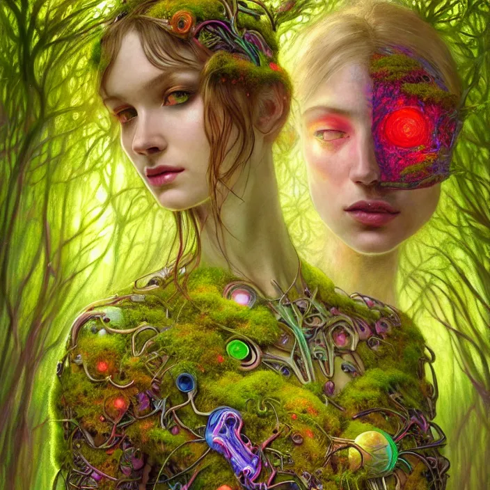 Prompt: bright psychedelic portrait of organic cyborg covered in moss in an ancient forest, diffuse lighting, fantasy, intricate, elegant, highly detailed, lifelike, photorealistic, digital painting, artstation, illustration, concept art, smooth, sharp focus, art by John Collier and Albert Aublet and Krenz Cushart and Artem Demura and Alphonse Mucha