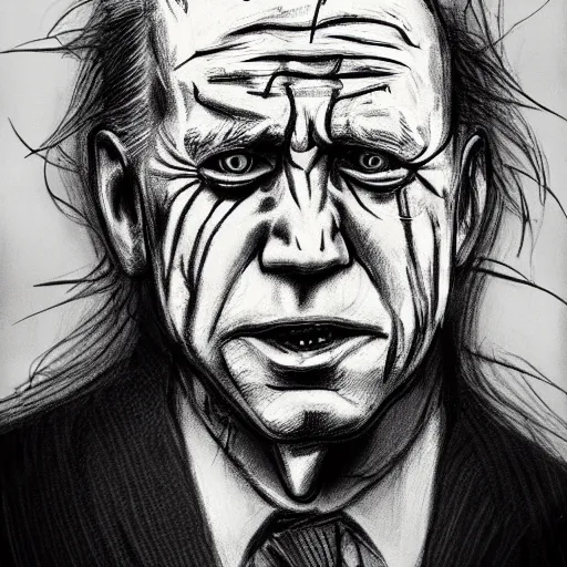 Image similar to grunge, aggressive sketch, messy lines, dark strokes, drawing of demonic joe biden as a caricature in the style of Jacob Shaw,creepy, surreal, trending on artstation