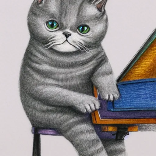 Image similar to anthropomorphic grey british shorthair cat sitting up playing the piano with swirling musical notes in the background detailed colored pencil drawing 4 k