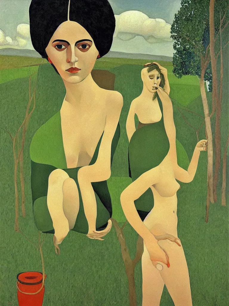 Image similar to a painted portrait of a women outdoors by felice casorati, aesthetically pleasing and harmonious colors, expressionism