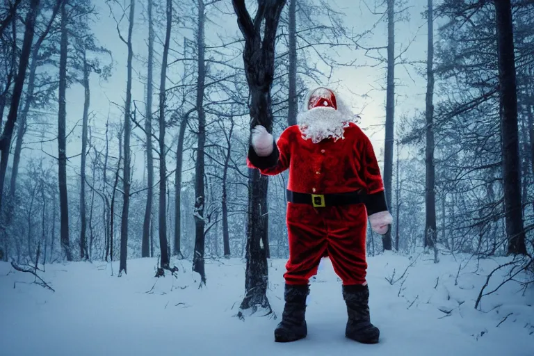 Image similar to scary santa clause demon in a swedish forest in the winter, very low angle photograph, very detailed, trending on artstation, realistic, soft colors, simon stålenhag, horror