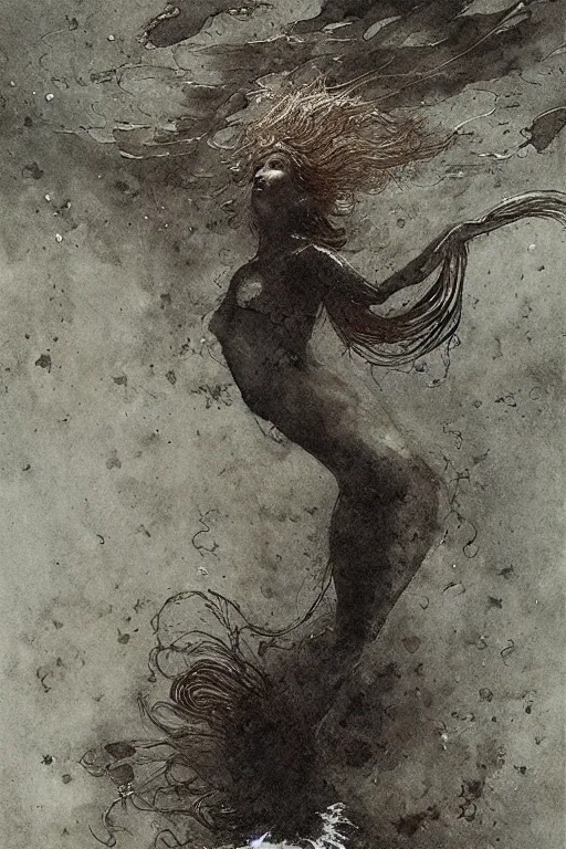 Prompt: mermaid underwater in an old apartment, Francisco Goya and Beksiński, intricate, elegant, highly detailed, digital painting, artstation, concept art, smooth, sharp focus, illustration, art by Takato Yamamoto and greg rutkowski and Francis Bacon