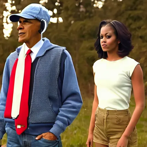 Image similar to riverdale still of obama wearing suspenders, an off white sweater with a varsity letter r, and a propeller cap