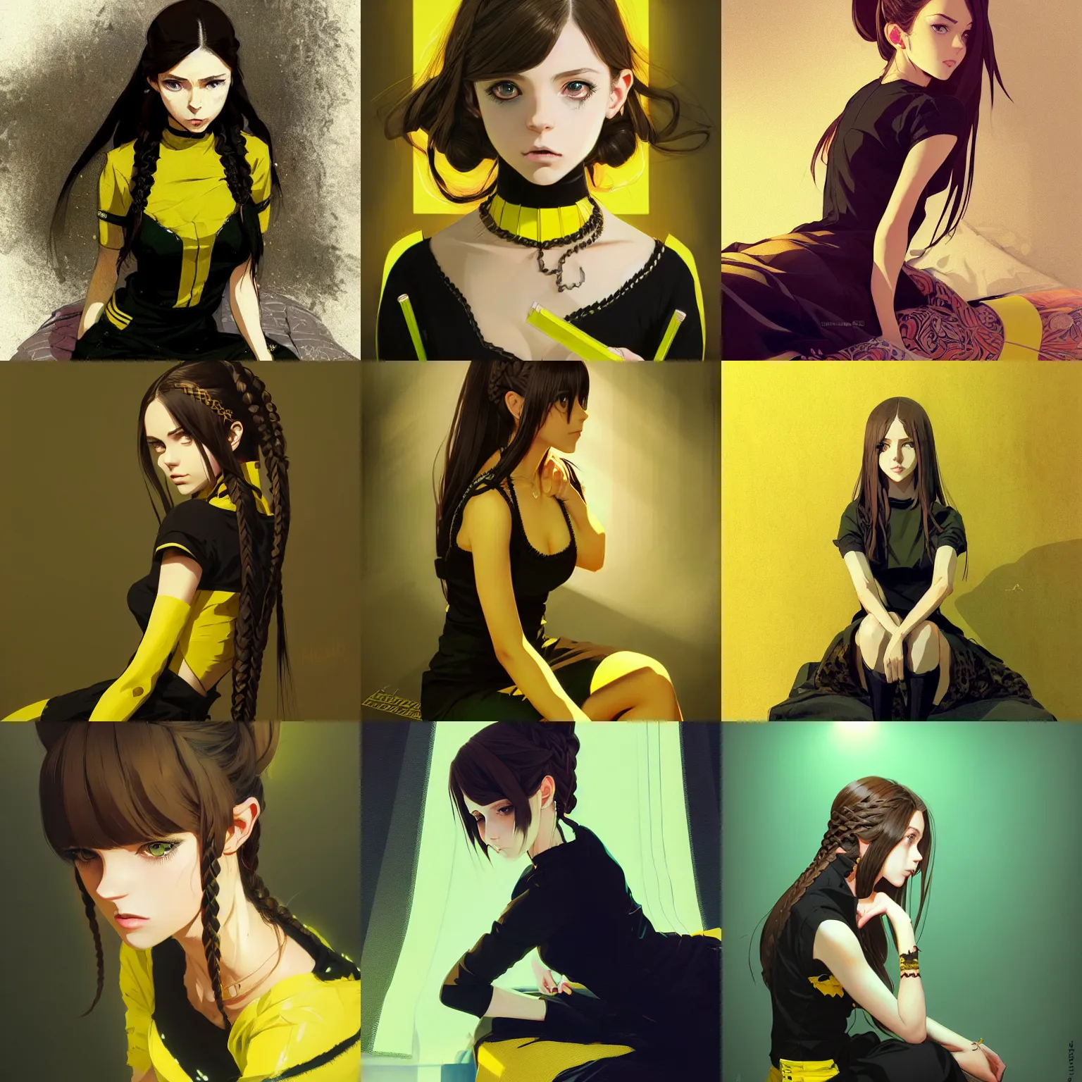 Prompt: beautiful woman with braided brown hair and green eyes, wearing a black dress, sitting on her bed, black and yellow colors, highly detailed, in the style of and ilya kuvshinov and greg rutkowski, high quality anime artstyle, intricate