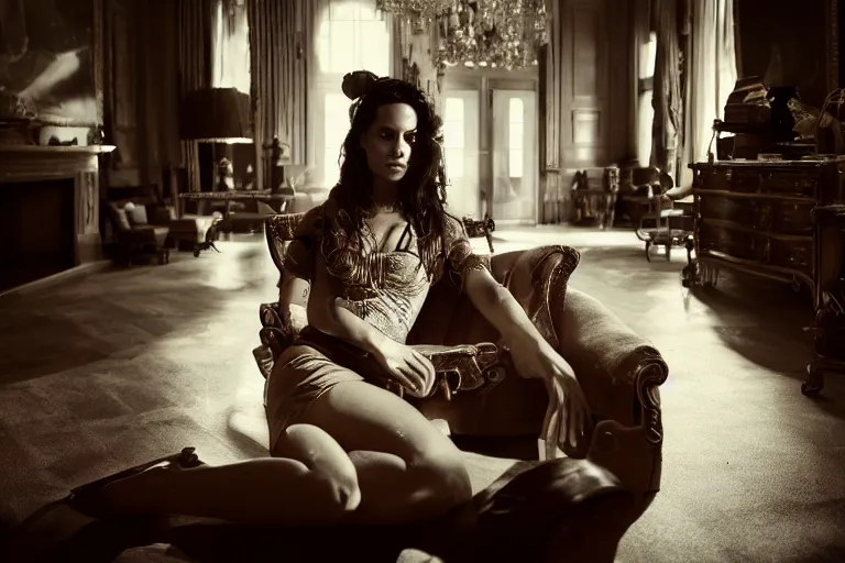 Image similar to cinematography closeup portrait of a beautiful woman cop in an decadent mansion foyer by Emmanuel Lubezki