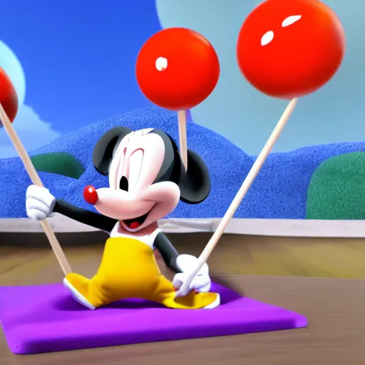 Prompt: mikey mouse with lollipops instead of ears meditating in a 3 d video game screenshot