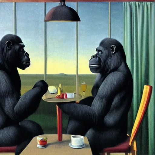 Image similar to a gorilla takes you out for a nice dinner by Raphael, Hopper, and Rene Magritte. detailed, romantic, enchanting, trending on artstation.