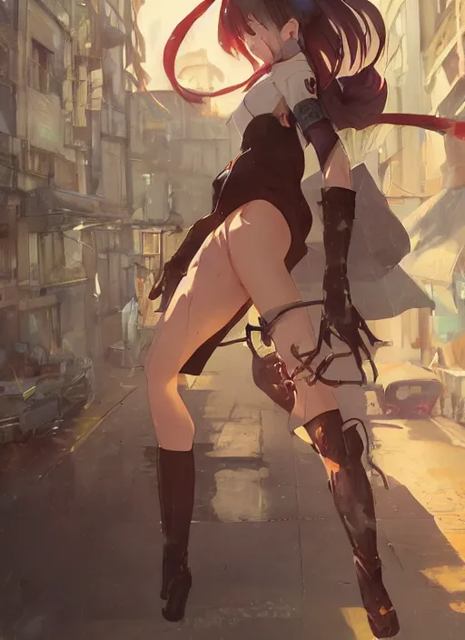 Prompt: ue 4 woman stands in a street - poster by wlop, kiyohara tama, krenz cushart, masamune shirow, makoto shinkai, yanjun cheng. featured on pixiv, anime aesthetic, pixiv, anime, cold tones, artstation, power lines, vanitas, official art, gothic dark noise film photo - up portrait