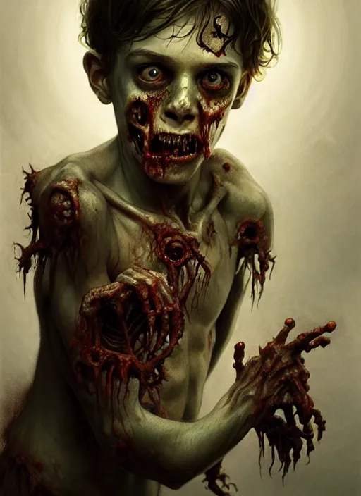 Image similar to a zombie young boy, diffuse lighting, fantasy, intricate, elegant, highly detailed, lifelike, photorealistic, digital painting, artstation, illustration, concept art, smooth, sharp focus, art by john collier and albert aublet and krenz cushart and artem demura and alphonse mucha